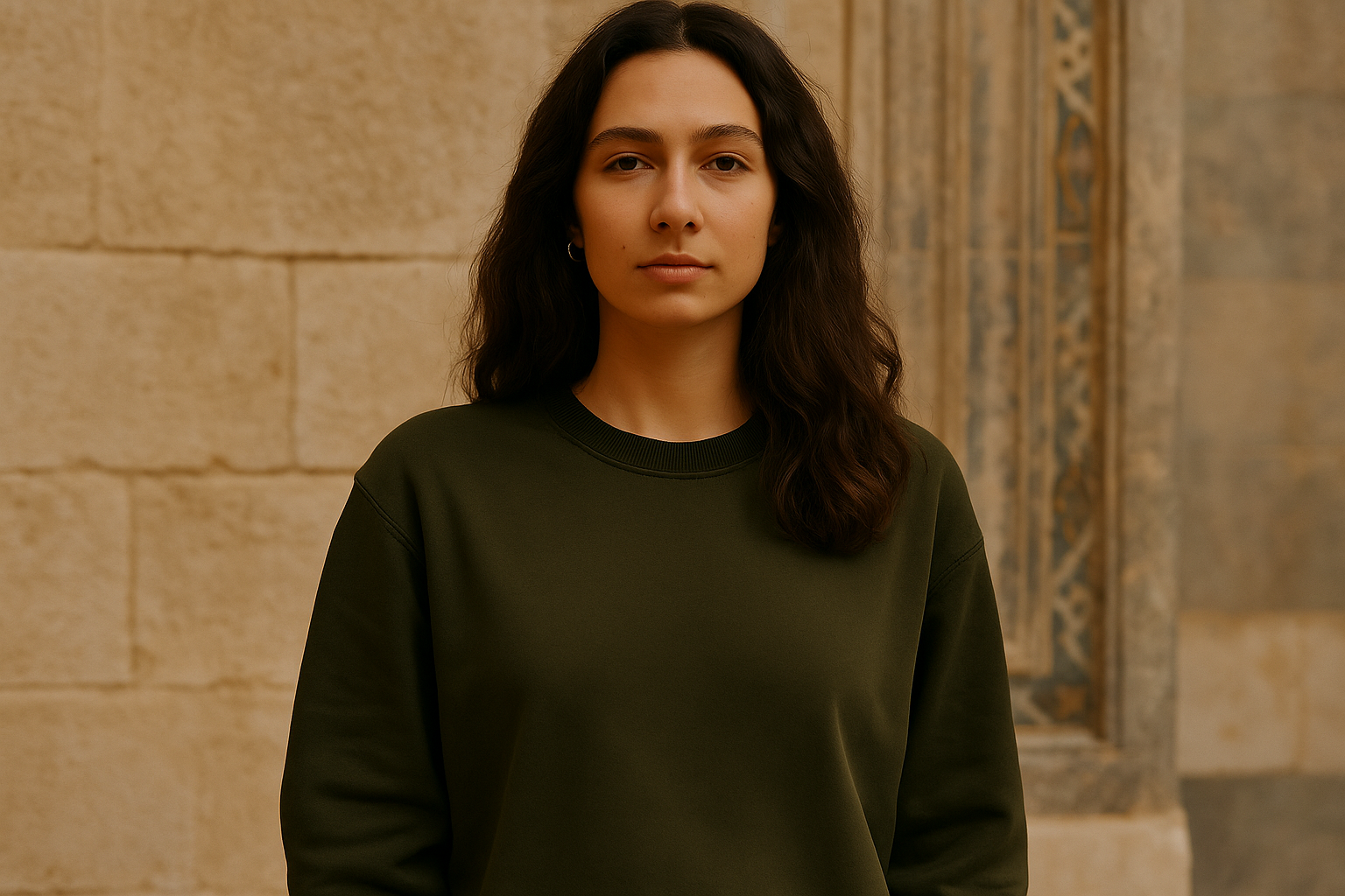 Woman wearing a dark green sweater standing against a stone wall.